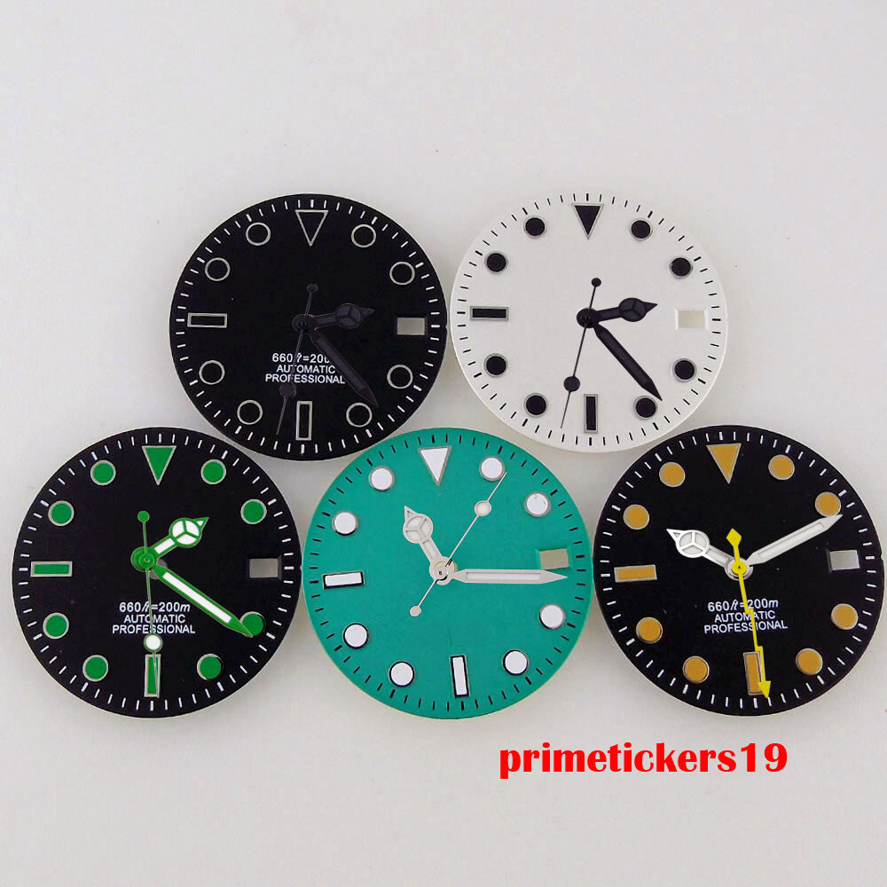 28.5mm Black/White/Green Sterile Watch Dial Face Hands Date Window Fit NH35 Movt