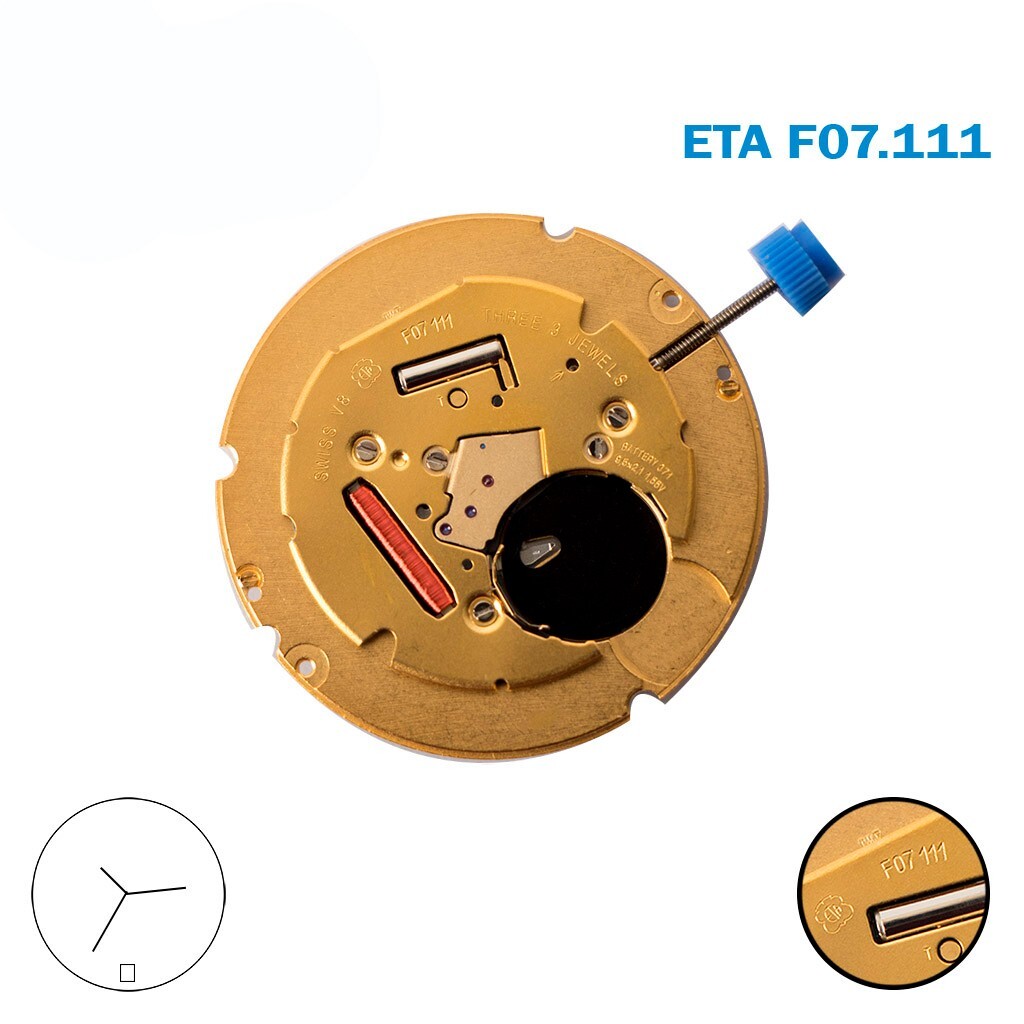 ETA f07.111 Swiss Watch Movement, Black Date Disk on 6, 3 Hands, 3 Jewels.