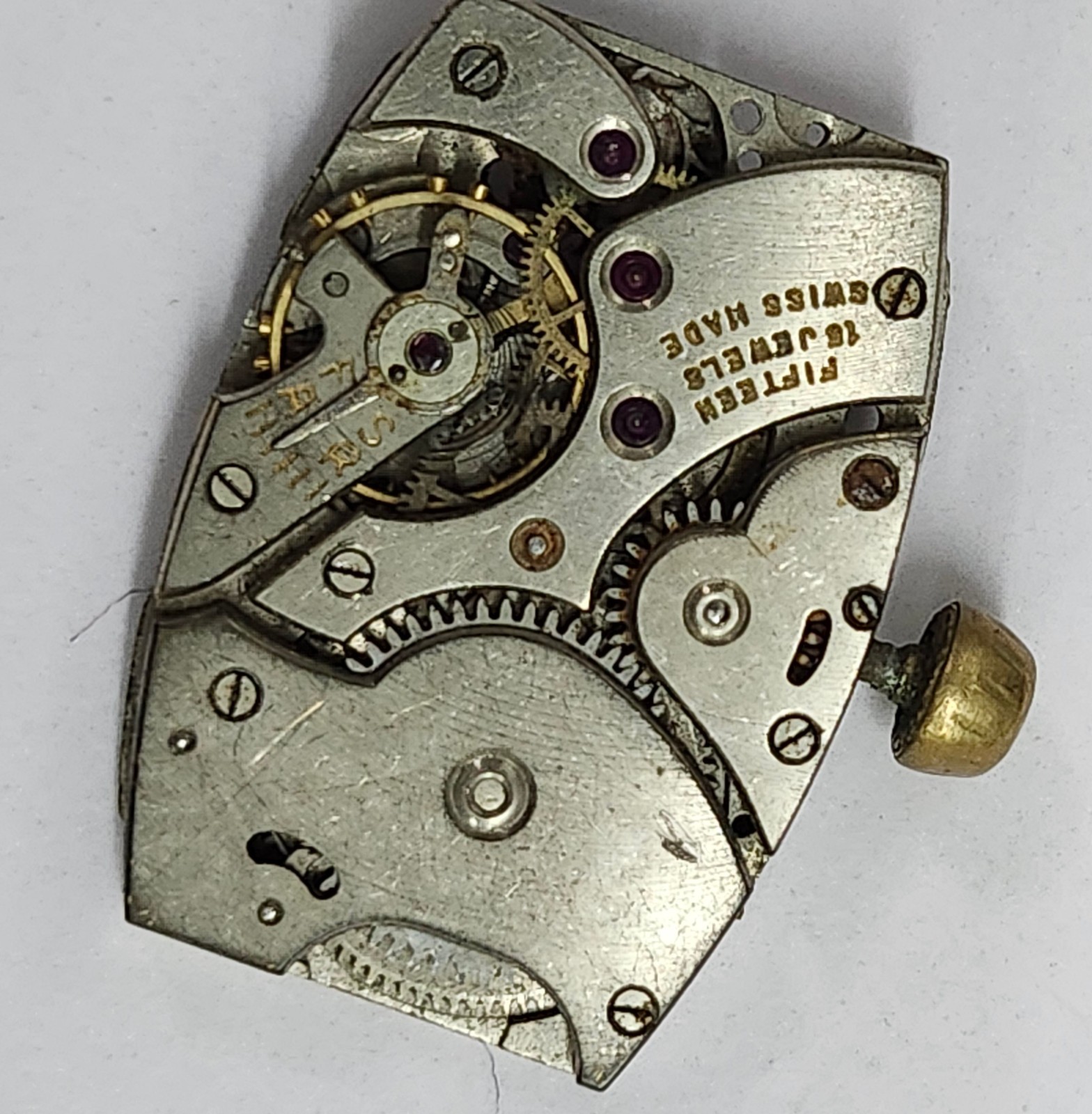 15-Jewel Rectangular Watch Movement & Stainless Steel Back Case — Parts / Repair