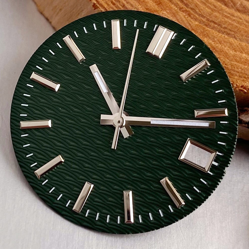 Fit NH35 Black/Blue/Green/White 29mm Watch Dial Wavy Texture Baton Marks Sterile