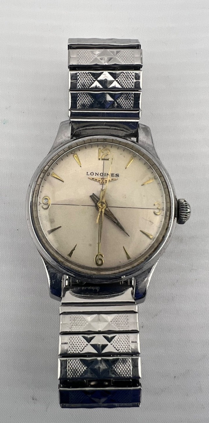 1942 LONGINES WW2 Era Watch, 12L Manual Movement, 2 Tone Dial, SS Case, Runs!