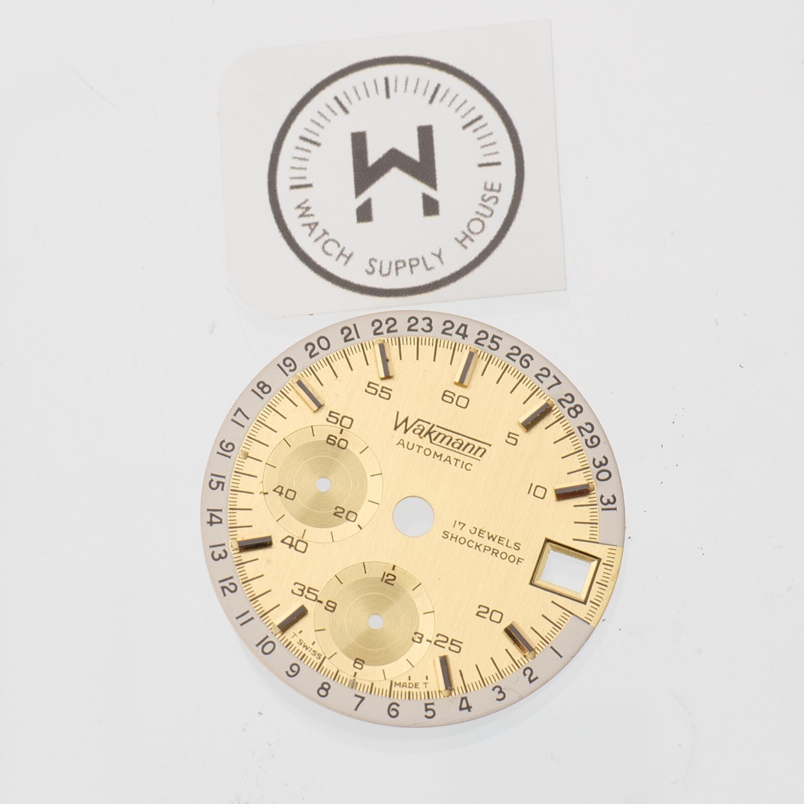 Wakmann Regate Chronograph Watch Dial Lemania 1341 NOS Gold Tone w/ Date