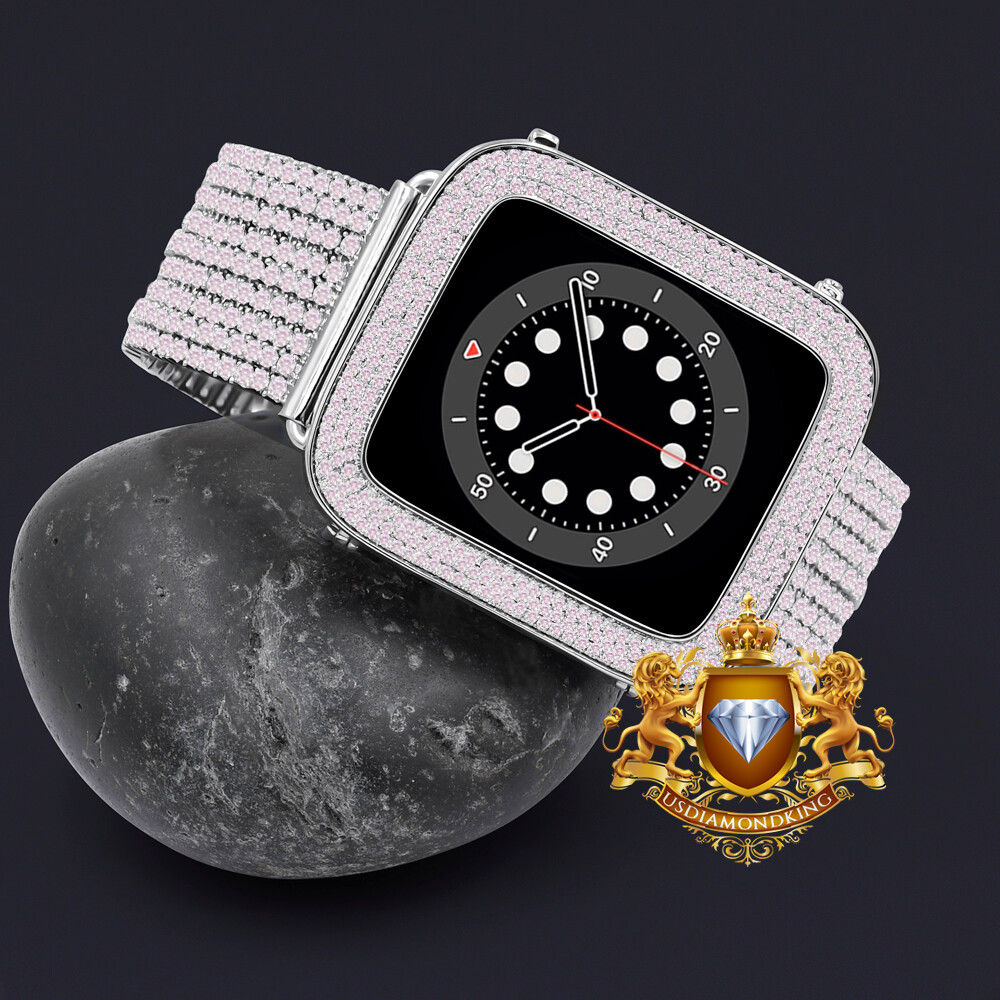 White Tone Pink Apple Watch Custom Pave Bezel & Band Combo Set 44mm Fit # 4,5,6
