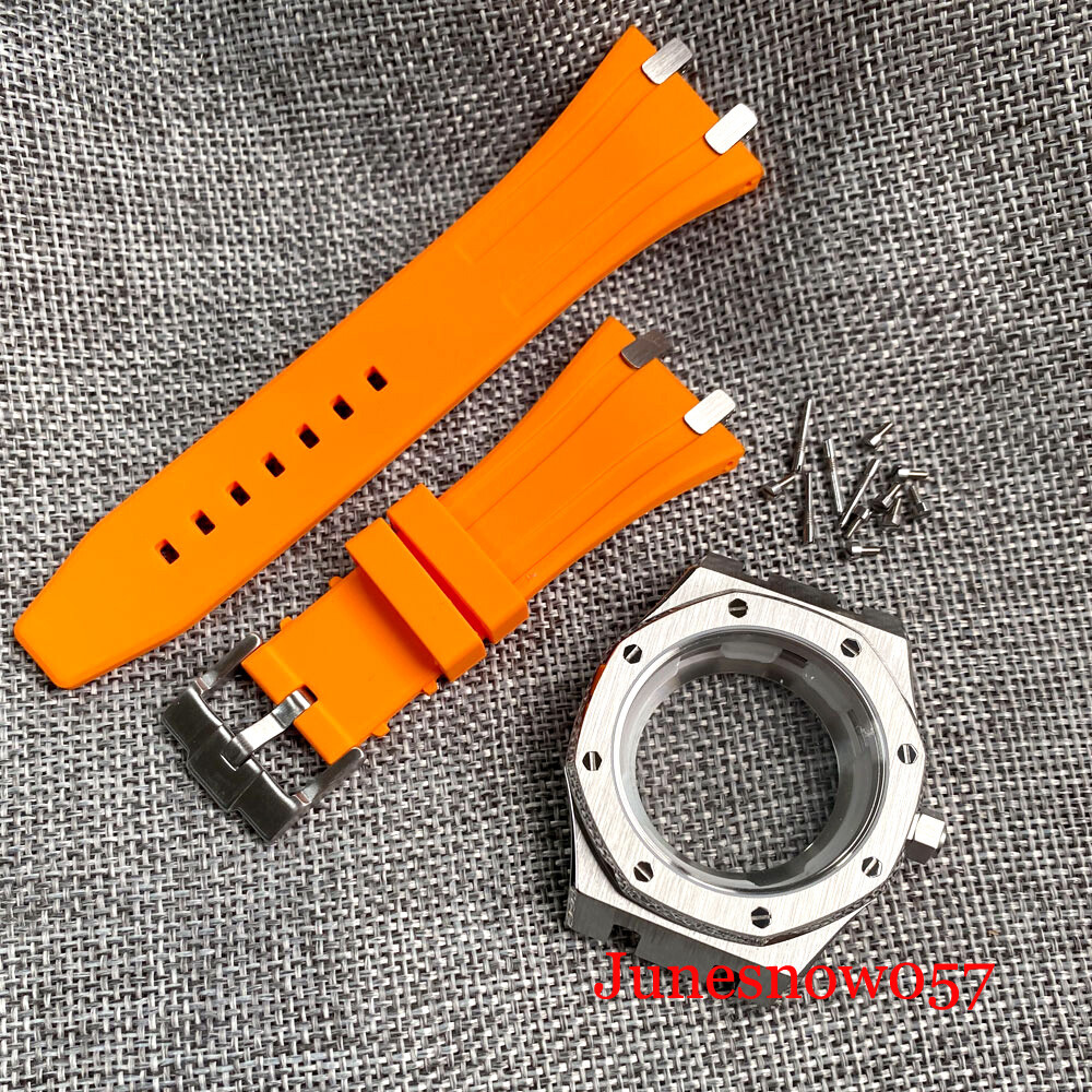 42MM Brushed Sliver Watch Case Rubber Strap Fit NH35 NH36 SKX SRP Sapphire Glass