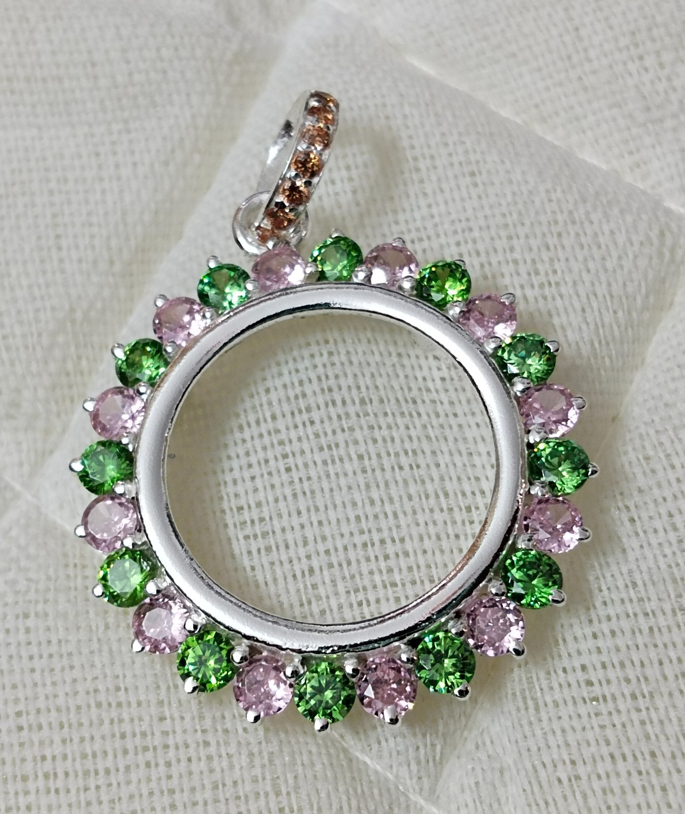 925 Sterling Silver Round Bezel Pendant Blank Green & Pink CZ Handmade Coin