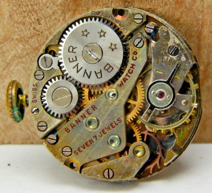 Vintage Banner 7 jewel AS 970 12/0s wrist watch movement with crown and stem
