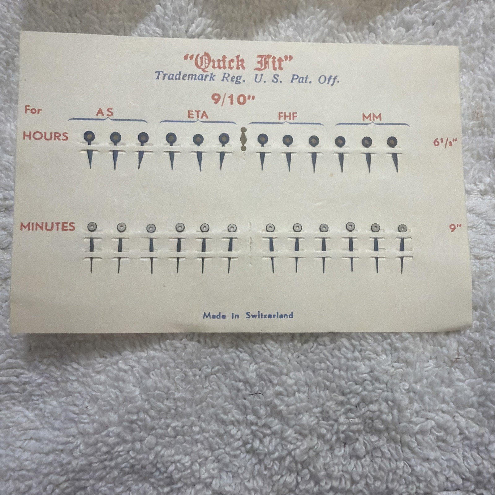 Quick Fit Blued Watch Hands – 1 Card with 12 pairs fitting 4 movements – NOS