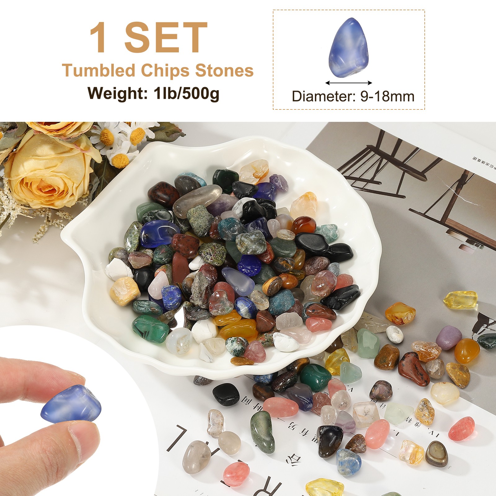 Tumbled Chips Stones, 1lb/500g Fluorite Tumbled Gravel, Blue Agate