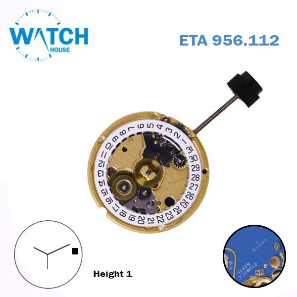 ETA 956.112 Gucci -1 Swiss Made Movement, White Date Disk at 3, 3Hands, Height 1