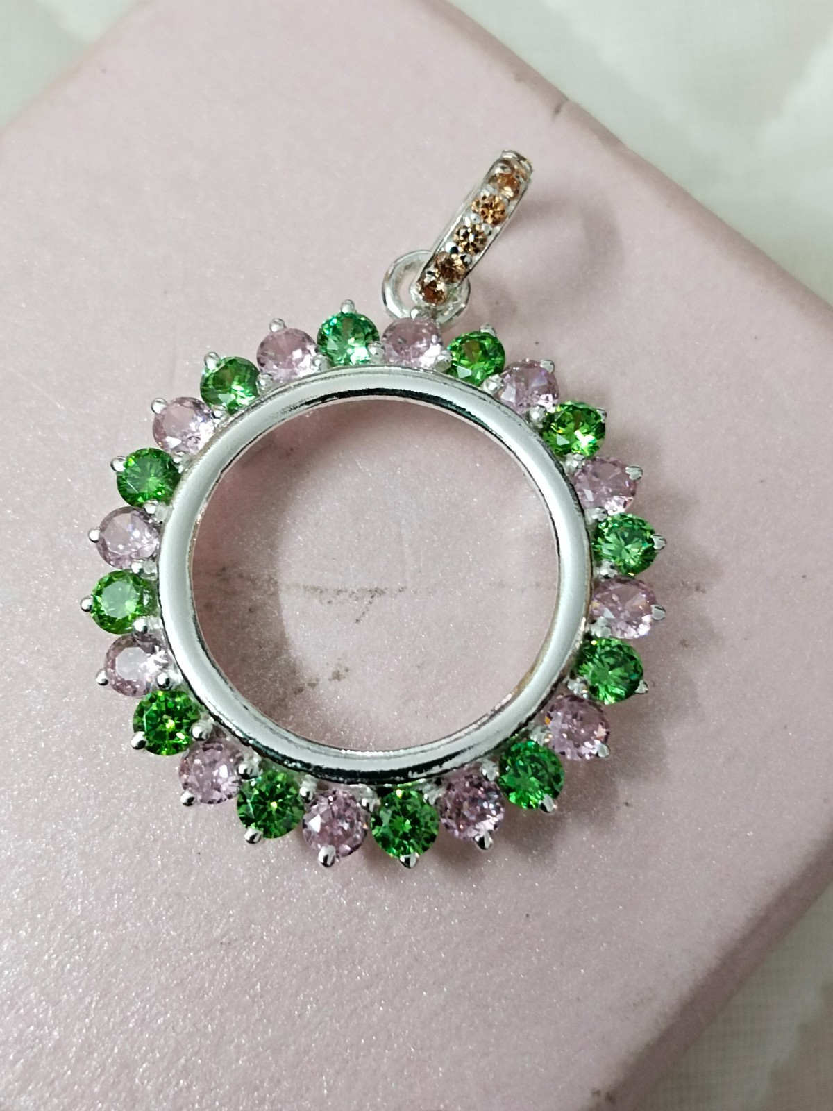 925 Sterling Silver Round Bezel Pendant Blank Green & Pink CZ Handmade Coin