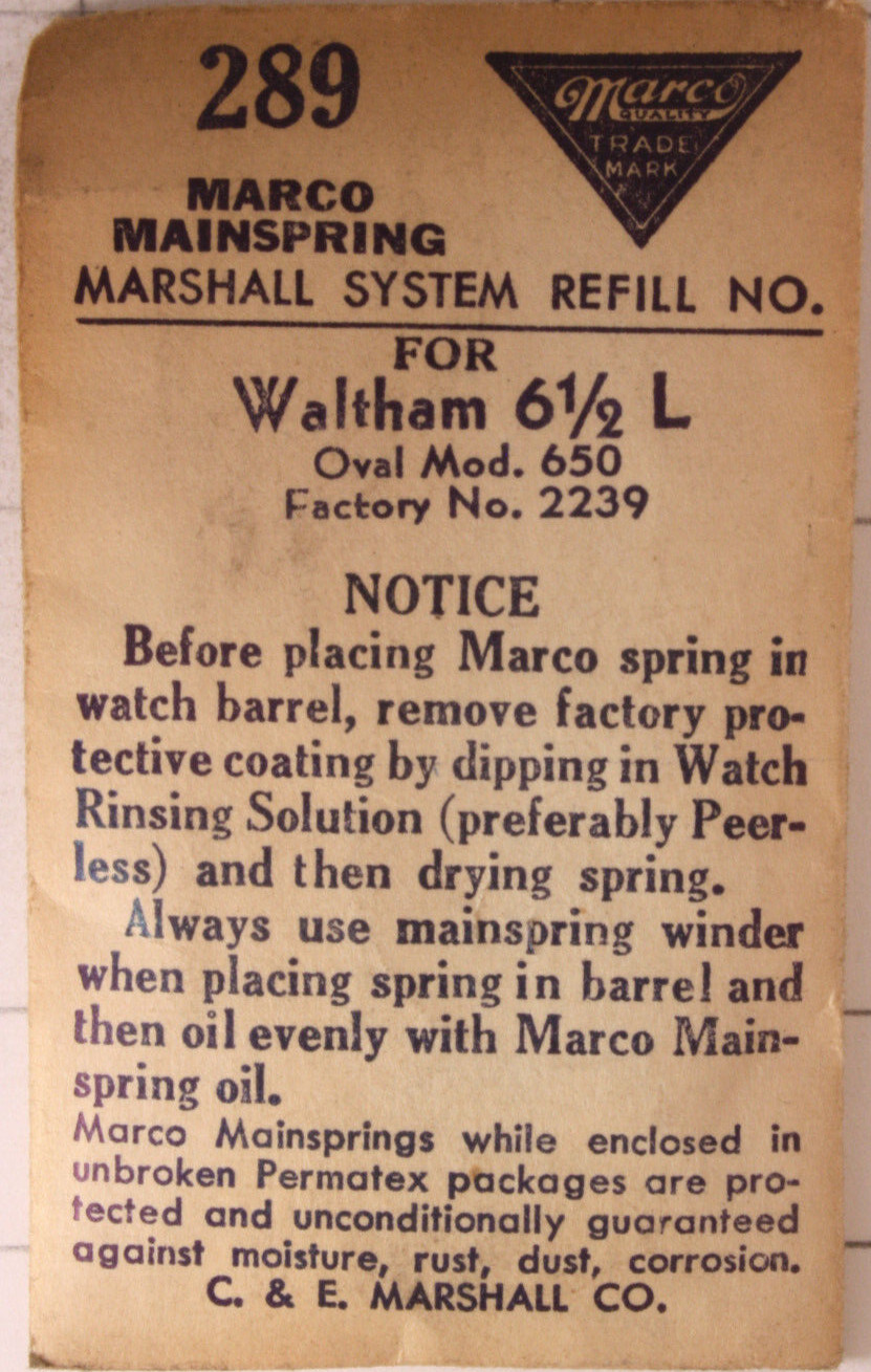 Watch Mainspring Waltham pt # 2239 model 650