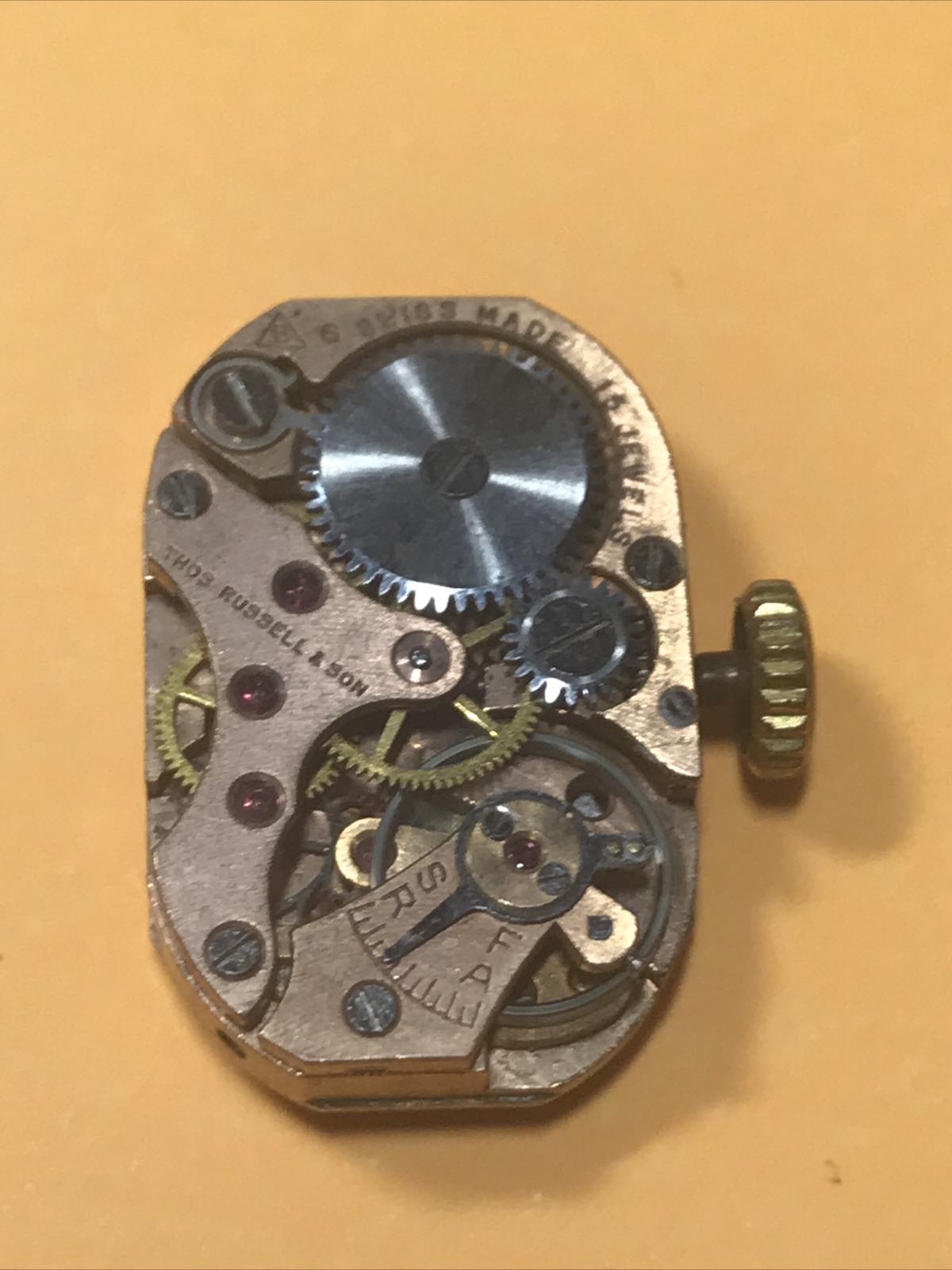 Buser 6 Watch Movement. Working. Thos. Russell dial hands stem