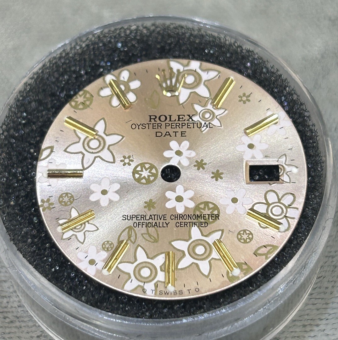 Rolex 34mm Date Watch Custom Pink Floral Gold Stick Dial For Models 15233 15203