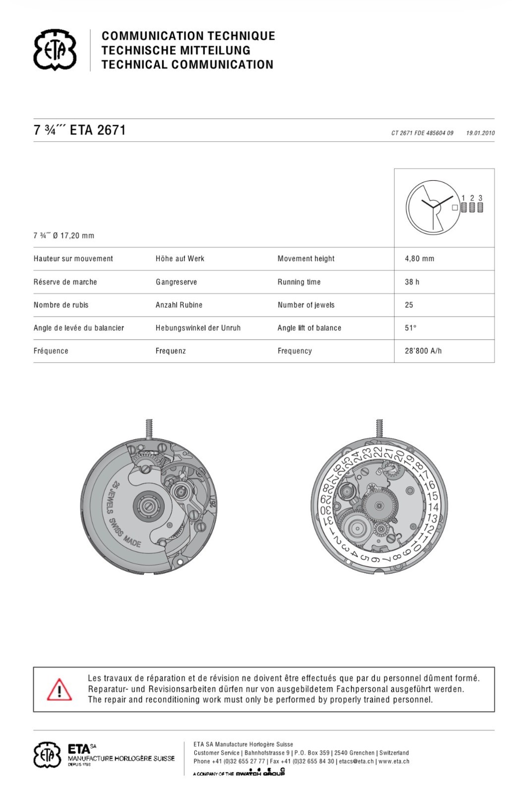 Genuine ETA 2671 2640, 2641, 2650 Movement Parts Swiss Made, all parts available