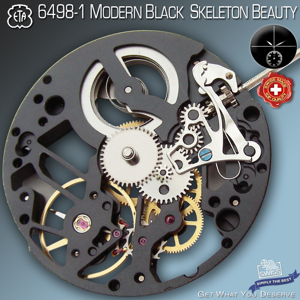 MOVEMENT ETA UNITAS 6498-1, MODERN SKELETON BEAUTY, BLACK, SWISS