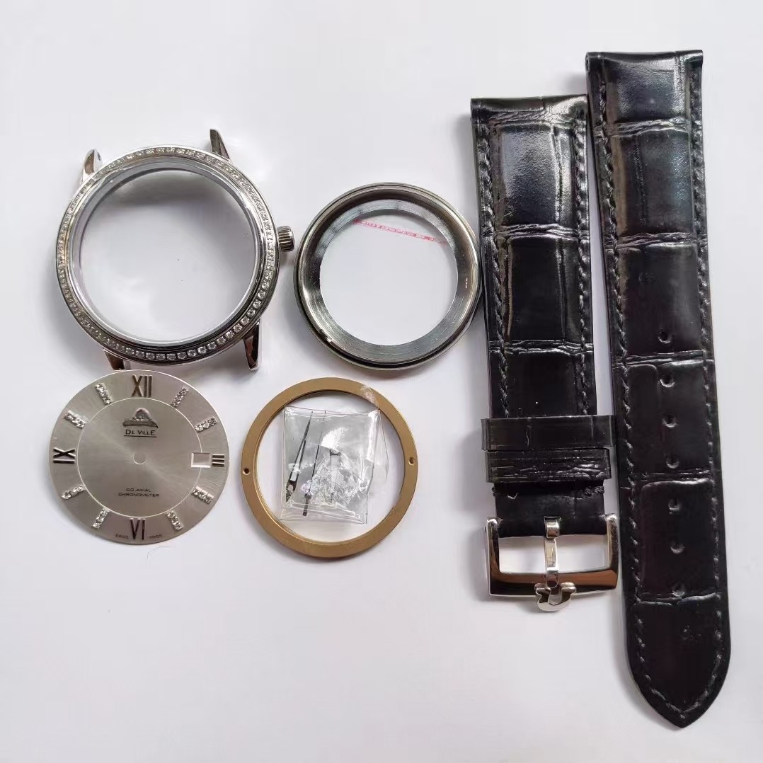 DIY Watch Part Kit for 2824 De Ville 38mm SS Watch Case+Dial+Hands+Leather Strap