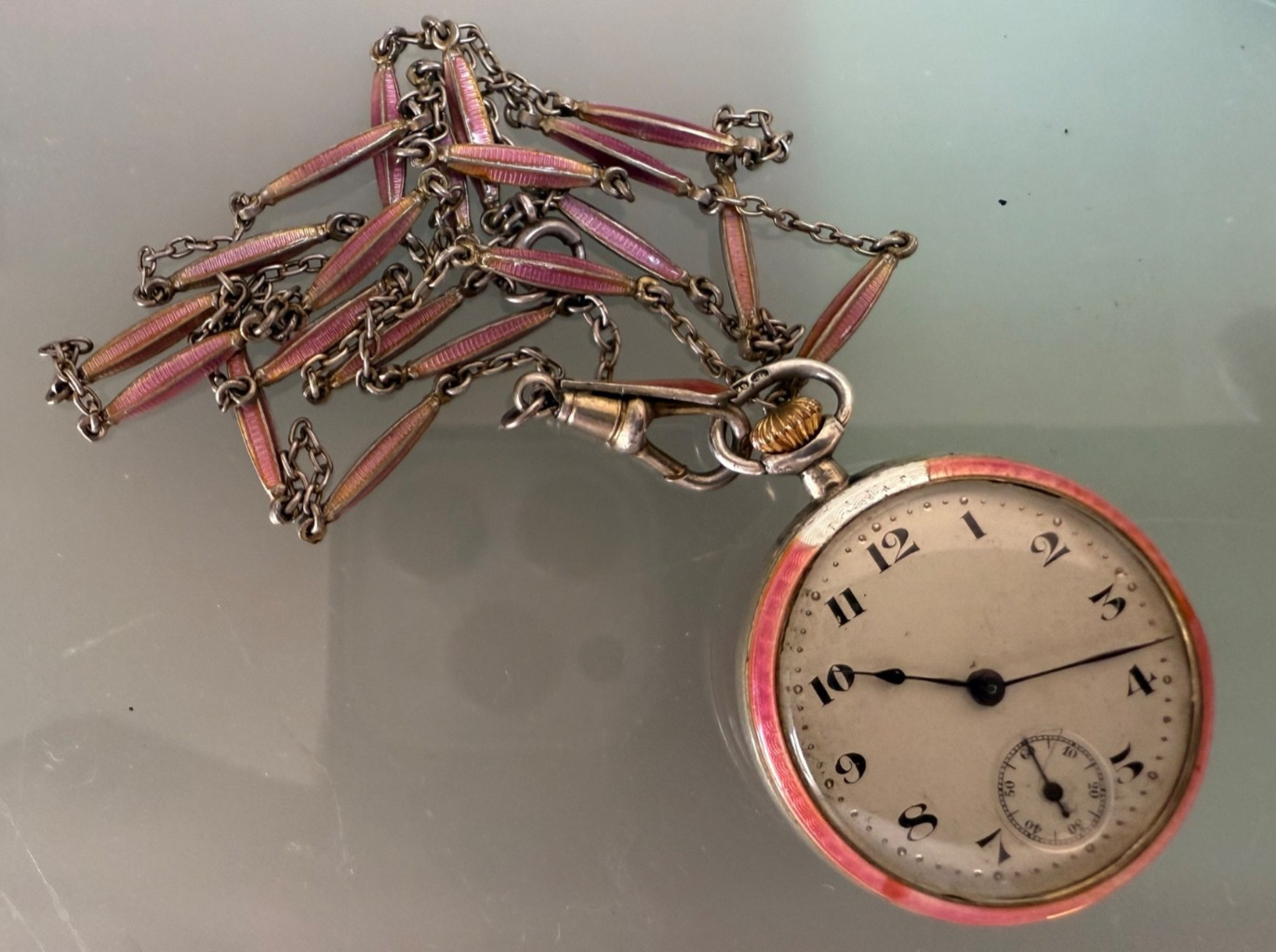 Vintage 20S ROLEX Pink Enamel Pocket Watch PENDANT Necklace