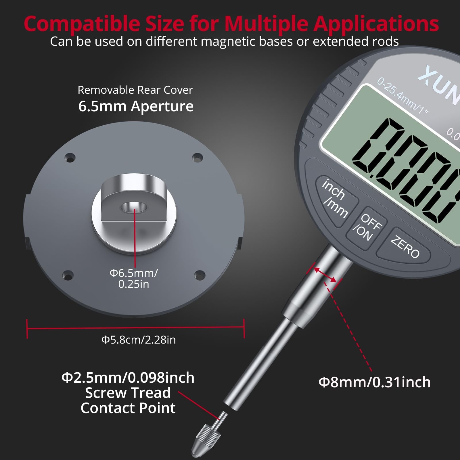 XUNTOP Digital Dial Indicator 1inch/0.0005inch LCD Display Electronic Dial Test
