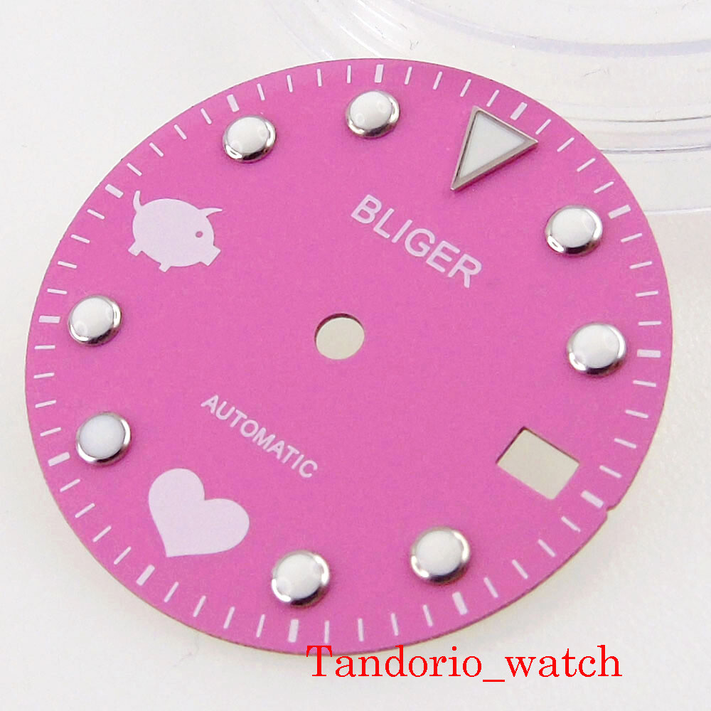 New Bliger 28.5mm Pink Pig Sterile Watch Dial For NH35A Luminous Date Window