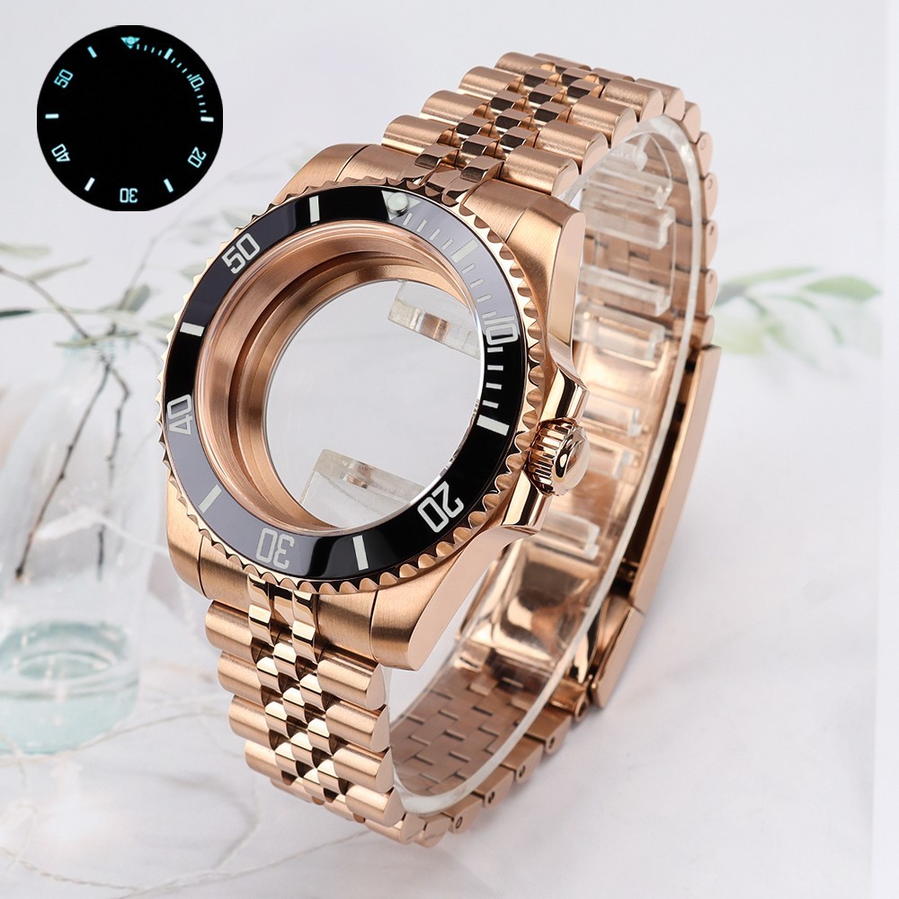 Oyster 40mm Watch Cases Bracelet Rose Gold Luminous Bezel For SII NH35 Movement