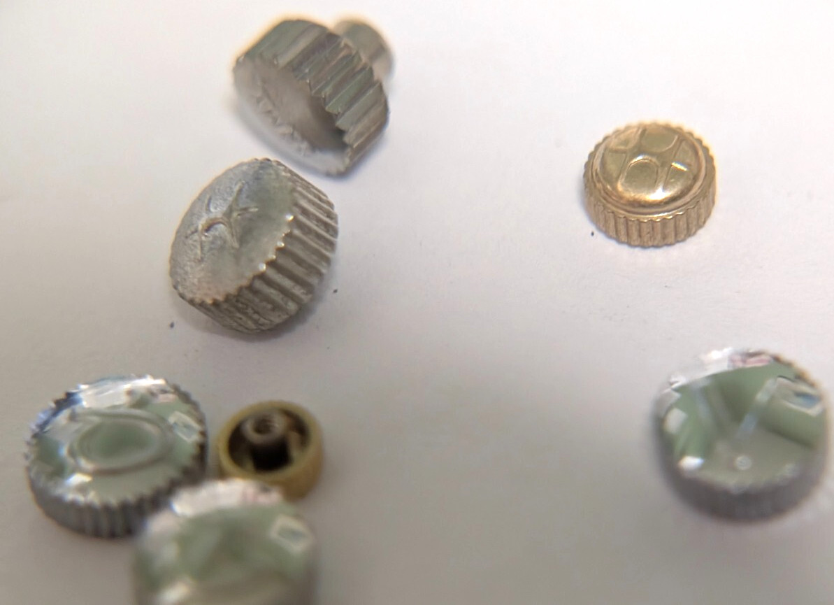 Vintage Lot of 9 Signed Watch Crowns Parts Hamilton Bulova Venus GUCCI Camy fire