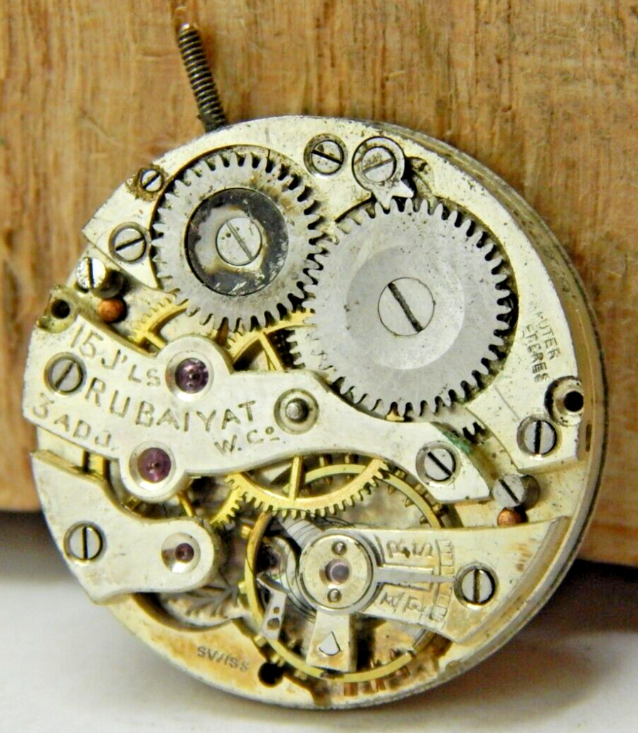 Vintage Rubaiyat 15 jewel 3 adjustment 8/0s pocket watch movement w/ dial & stem