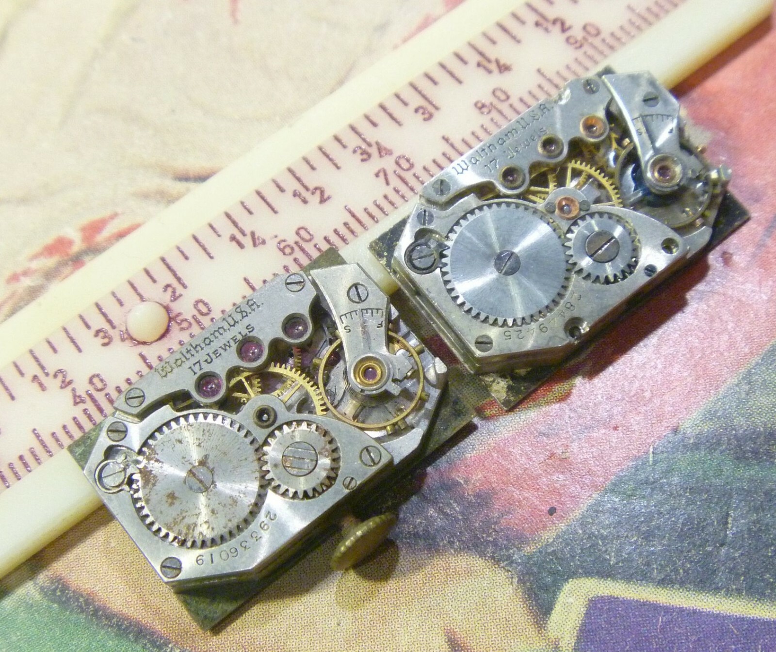 GROUP LOT- TWO Late 1920s Waltham 17J Cut Corner Rectangle Nicer Mvts, Dials !!