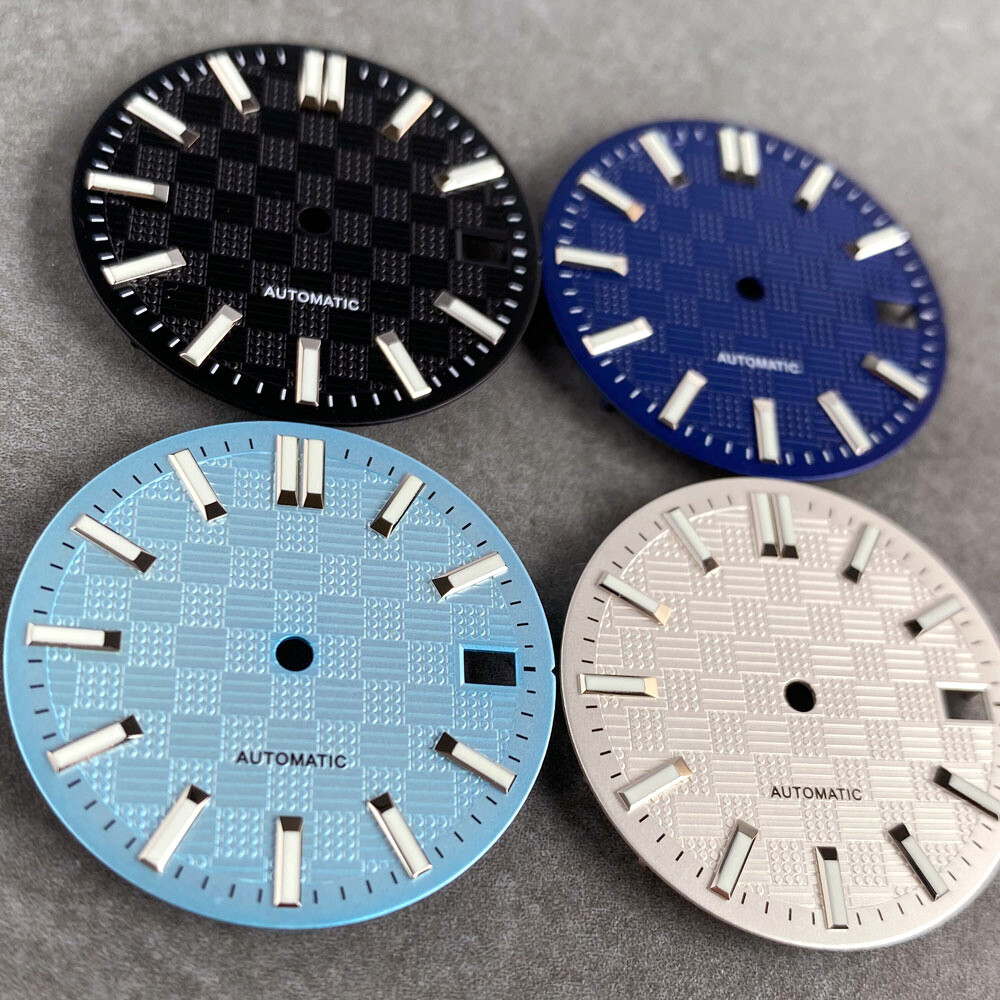 28.5mm Tandorio Black White Blue Texture Luminous Dial For NH35 NH36 Mens Watch