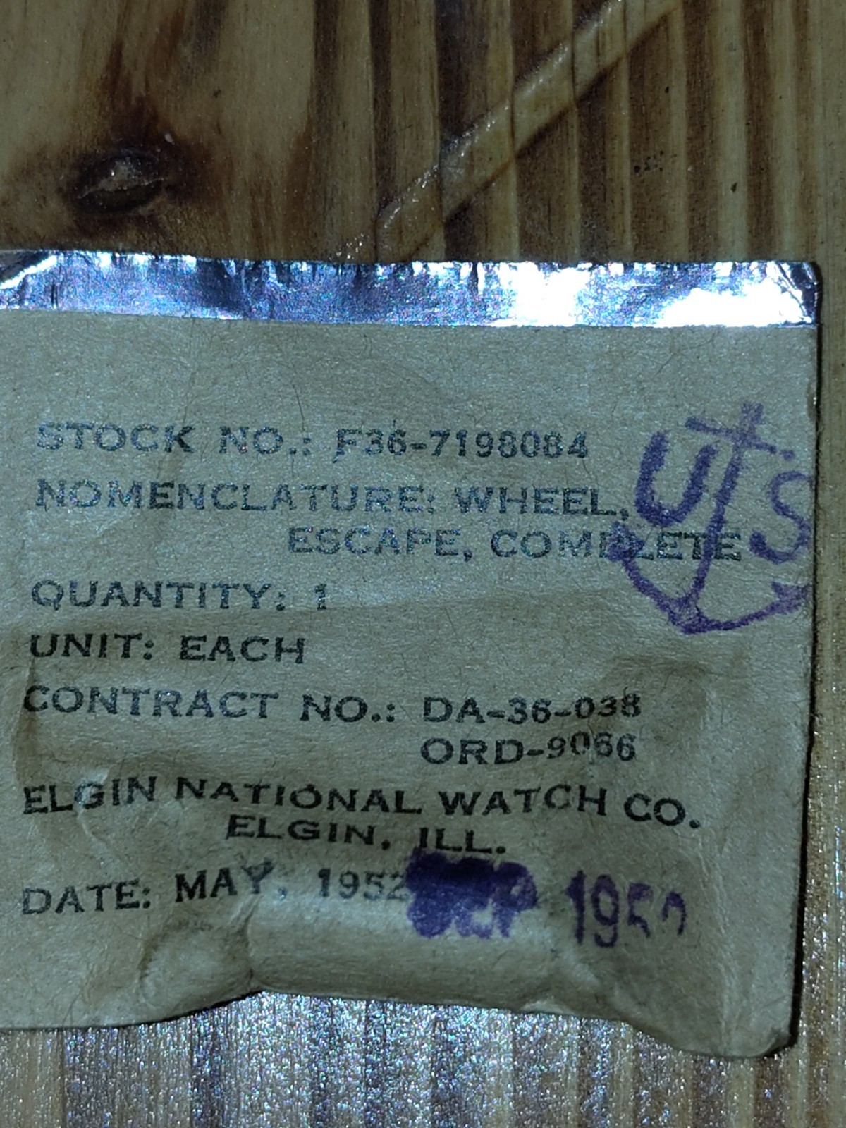 Elgin Escape Wheel Complete Military May 1952 – New Old Stock