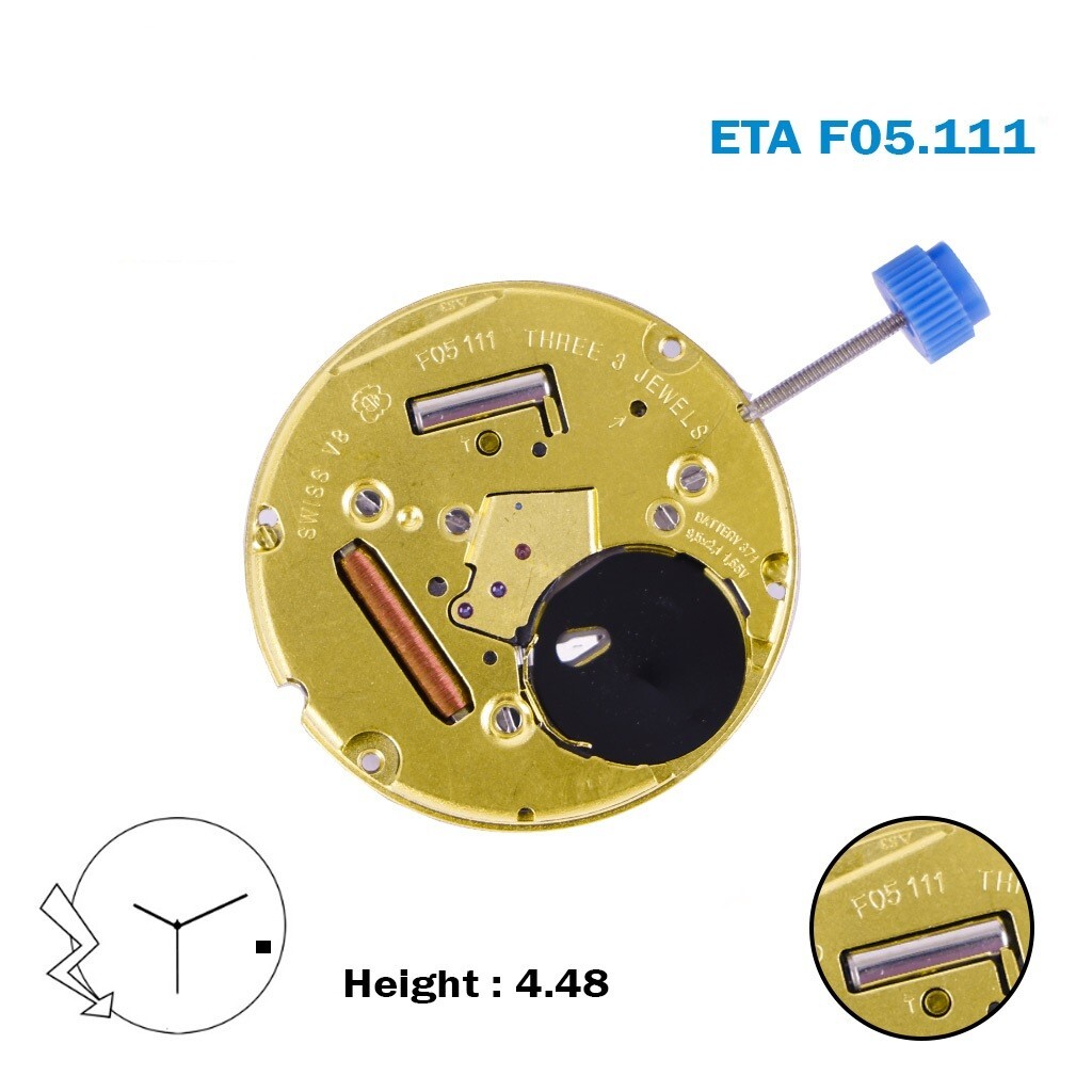 ETA F05.111 Swiss Watch Movement, White Date Disk On 3, 3 Hands, Height 4.48.