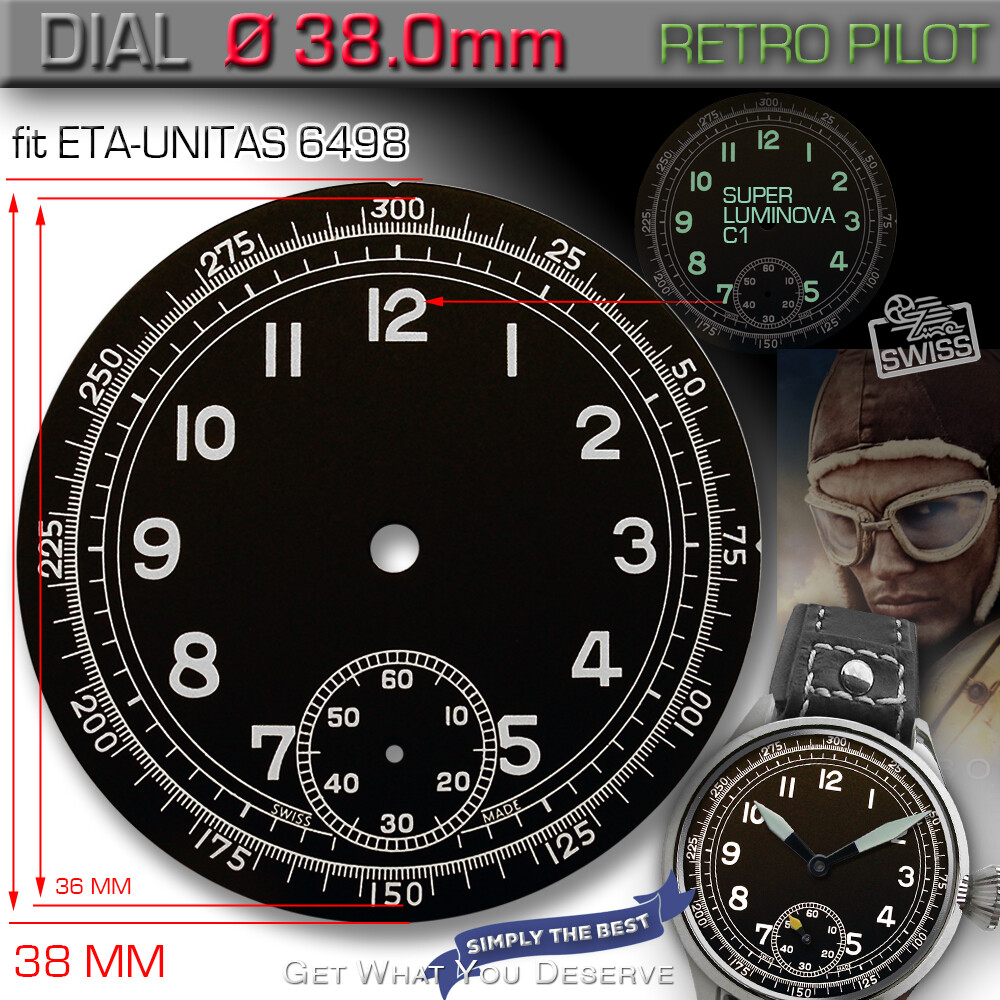 DIAL FOR MOVEMENT ETA UNITAS 6498, RETRO PILOT w. TACHYMETER, CL1 SUPERLUMINOVA