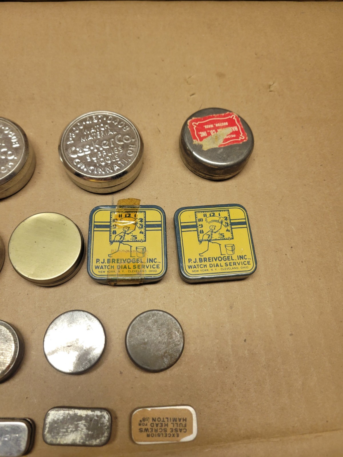 28 Watchmaker Tins for Parts or Movements Complete with Lids Signed Wide LT5