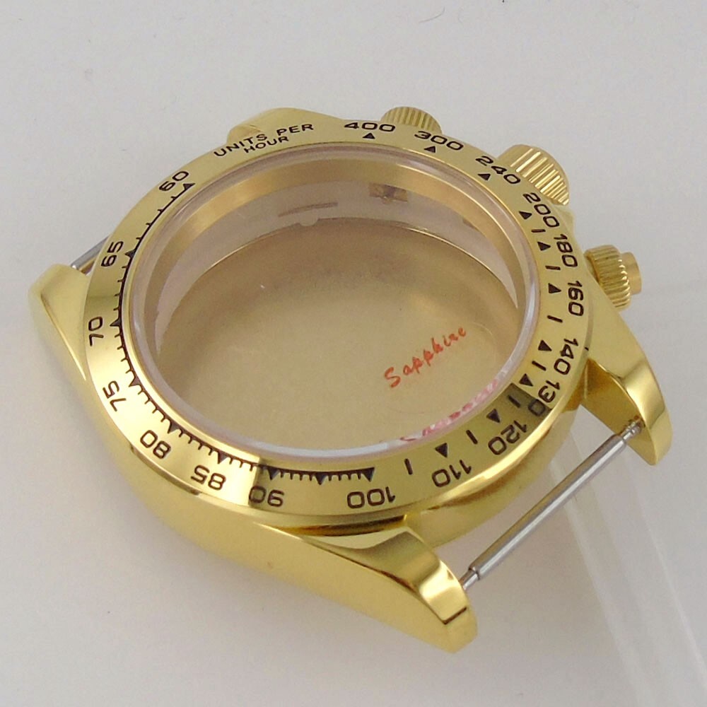 39mm Yellow Gold Watch Part Case Sapphire Glass Fit VK63 VK64 Quartz Solid Back