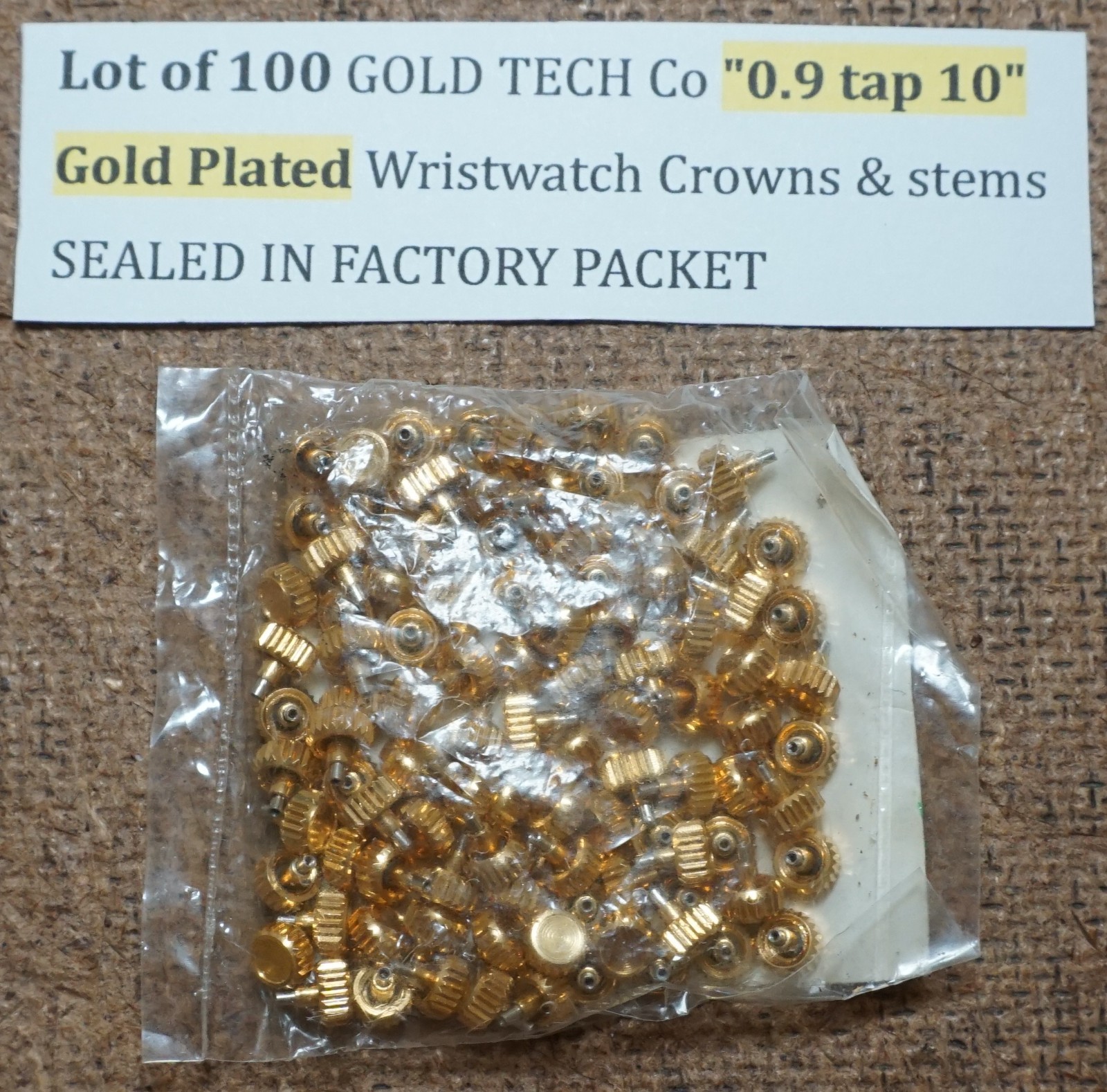 lot of 100 GOLD TECH Co “0.9 tap 10” Gold Plated wrist Watch Crowns & stems NOS