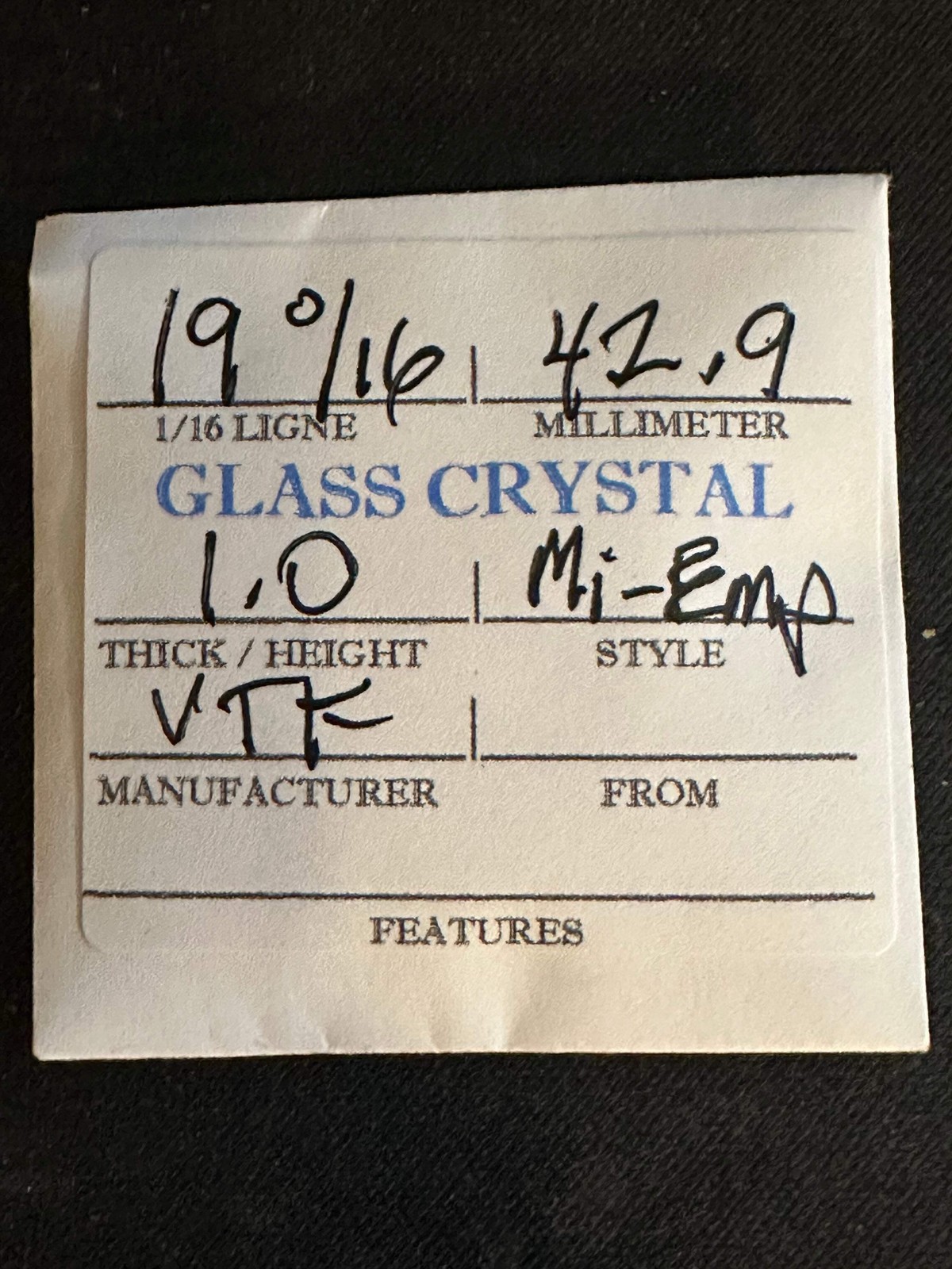 VTF Vintage Glass Pocket Watch Crystal 19-0/16 (~42.9mm) – NOS