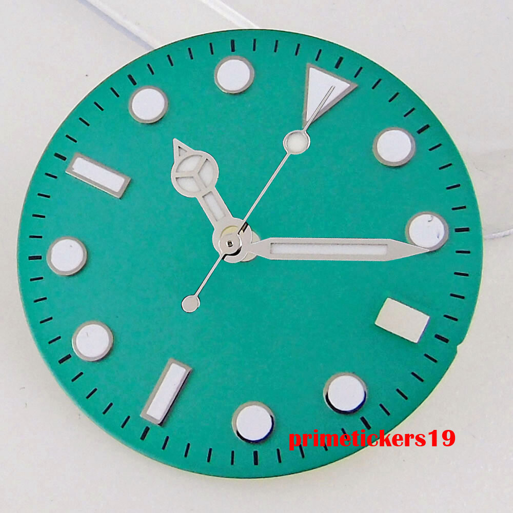28.5mm Black/White/Green Sterile Watch Dial Face Hands Date Window Fit NH35 Movt