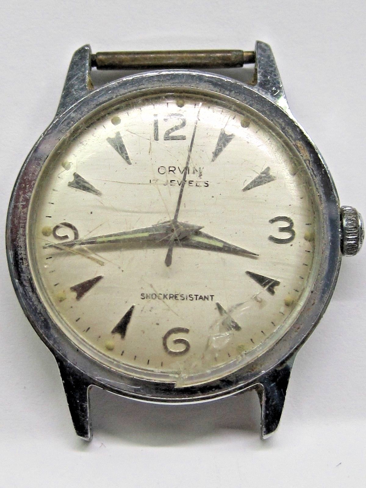 Vintage Gents Orvin 2nd Hand Base Metal Stainless Steel Wrist Watch 17 jewels.