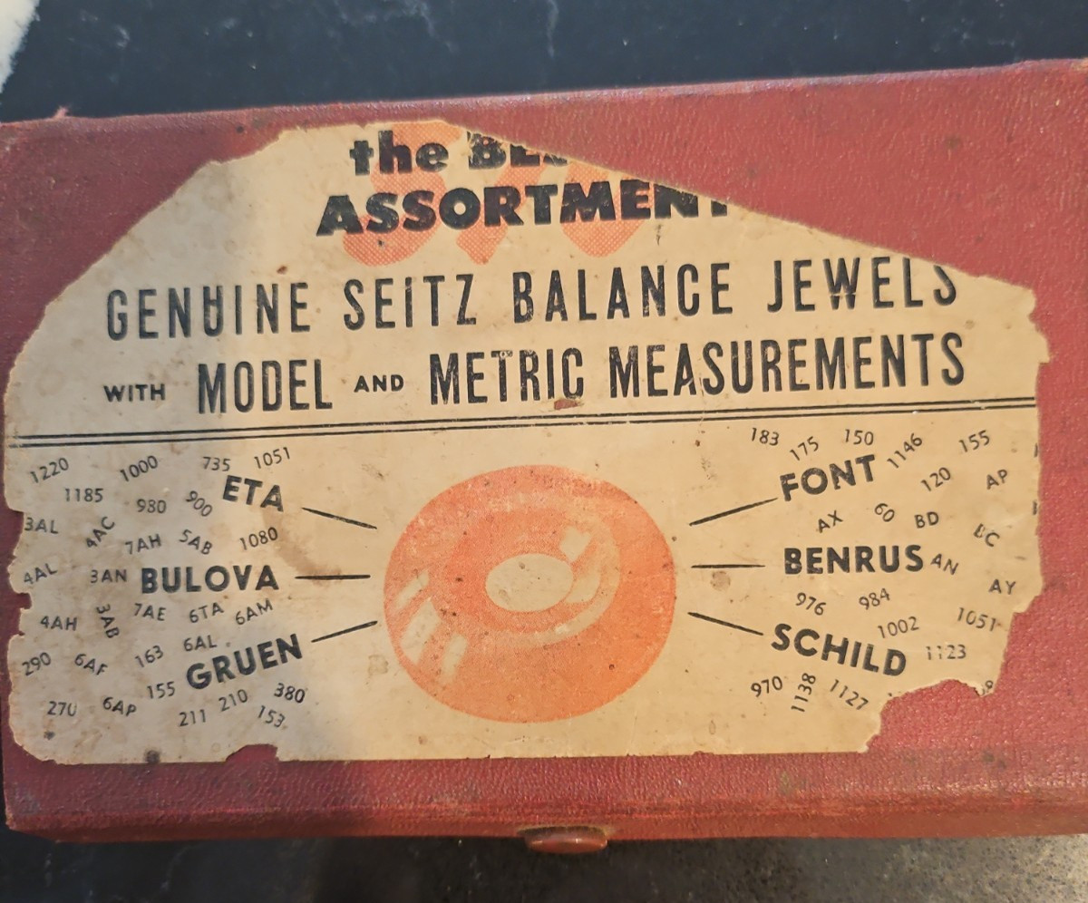 Box few empty Vials Seitz Balance Jewels Warren Face Plate + 2 random Watch Part