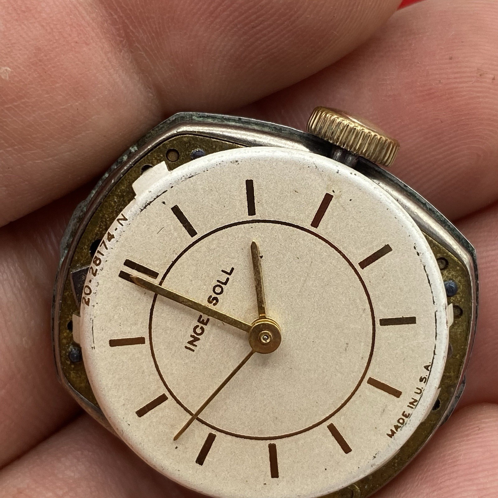 Antique Ingersoll watch movement w dial and hands for parts or repair Made USA