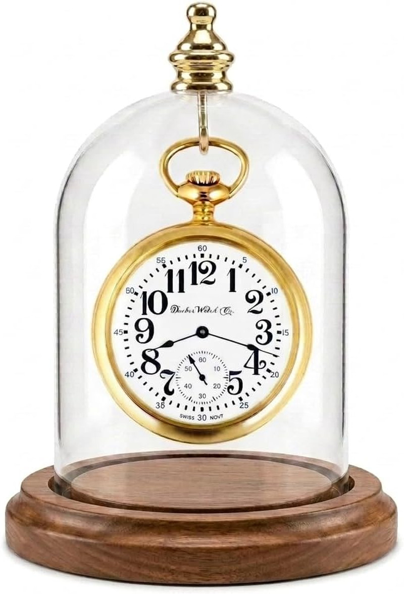 3″X4″ Pocket Watch Glass Display Dome Cloche Real Walnut Wood Base & Gold Brass