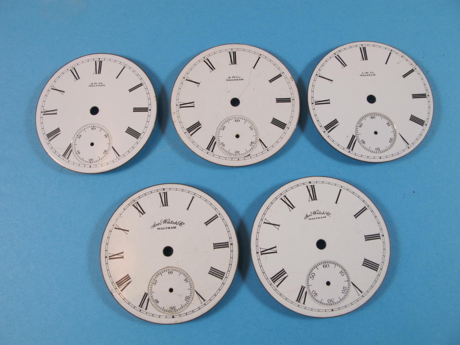 AMERICAN WATCH CO AW CO WALTHAM 18S POCKET WATCH DIAL GROUP OF five
