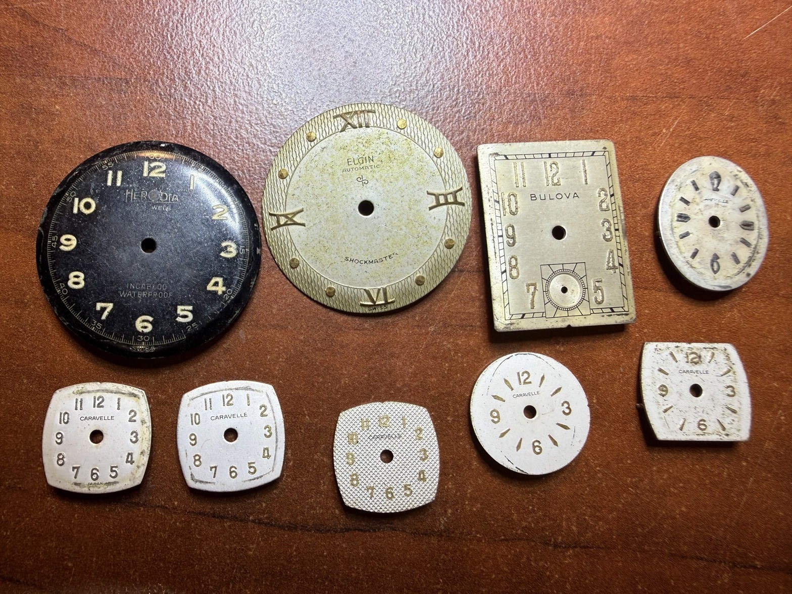 Vintage Watch Dial Lot of 9 Bulova Elgin Shockmaster Hermodia Caravelle Parts