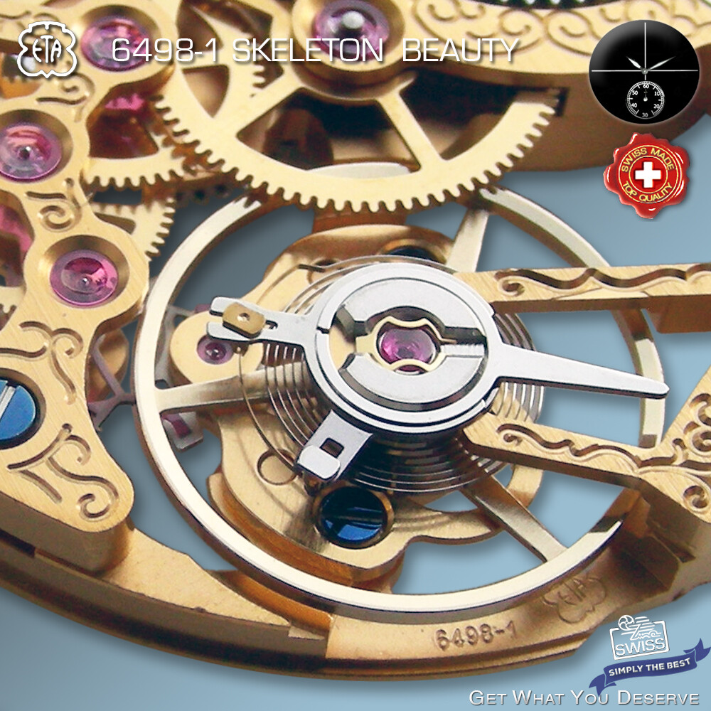MOVEMENT ETA UNITAS 6498-1, TRADITIONAL SKELETON BEAUTY, GOLD, SWISS