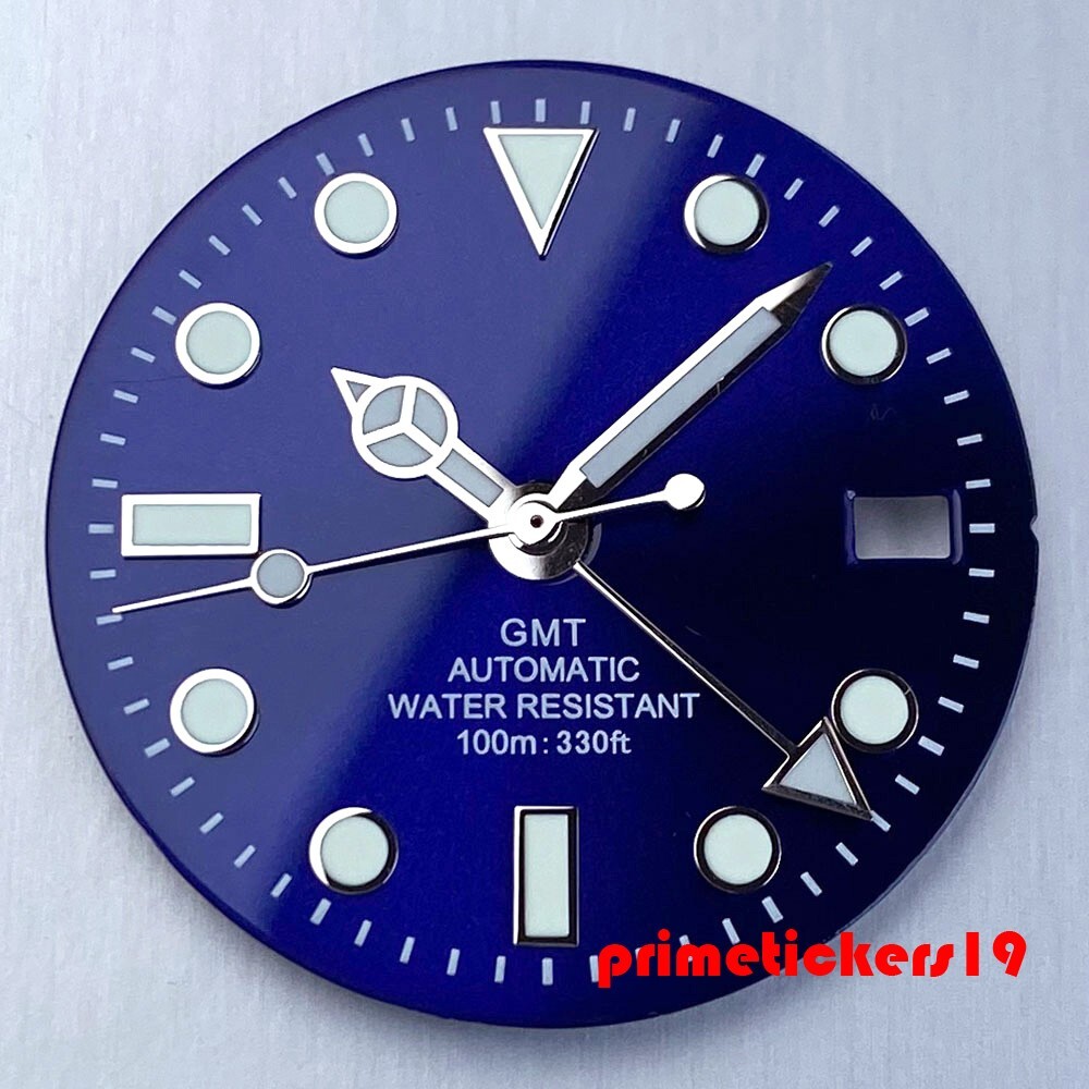 29mm NH34 GMT Watch Dial Black/Blue/Green Sterile Face Hands Set Date Luminous
