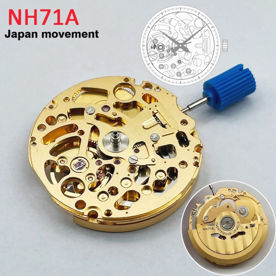 NH71A Gold Skeleton Watch Movement Fit for NH35 NH38 Case Japan Made 24 Jewels