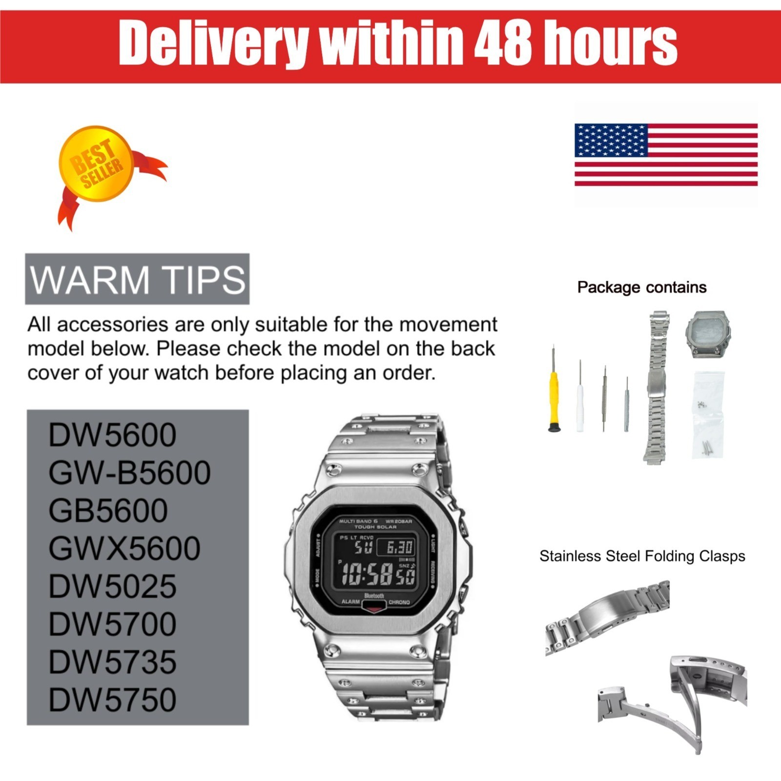 DW5600 Case Mod Kit for Casio G-Shock – Stainless Steel Bezel Strap