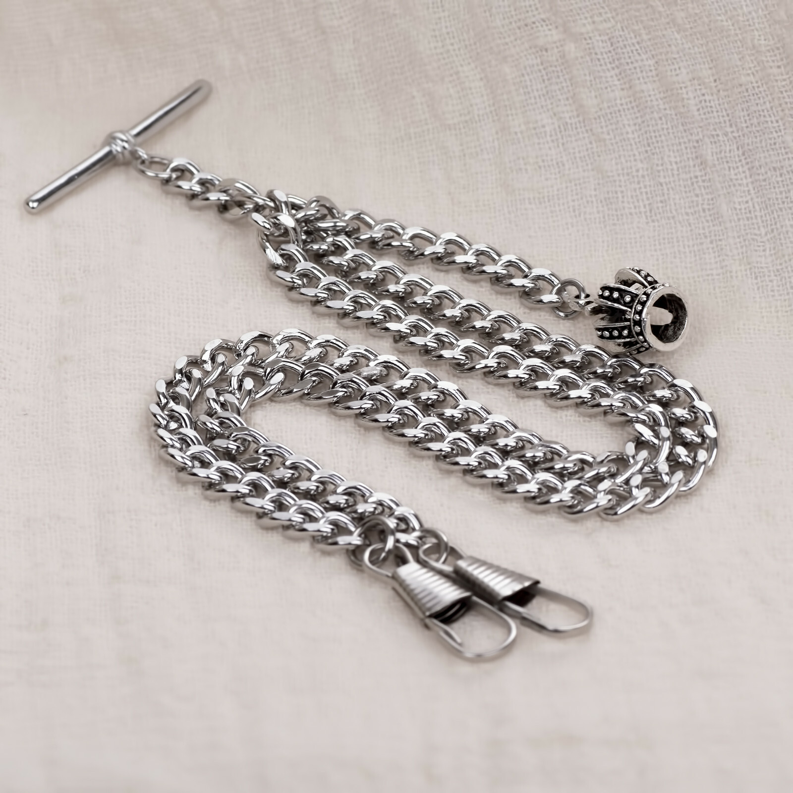 Brand New Silver Colour Double Albert Pocket Watch Chain With Crown Pendant