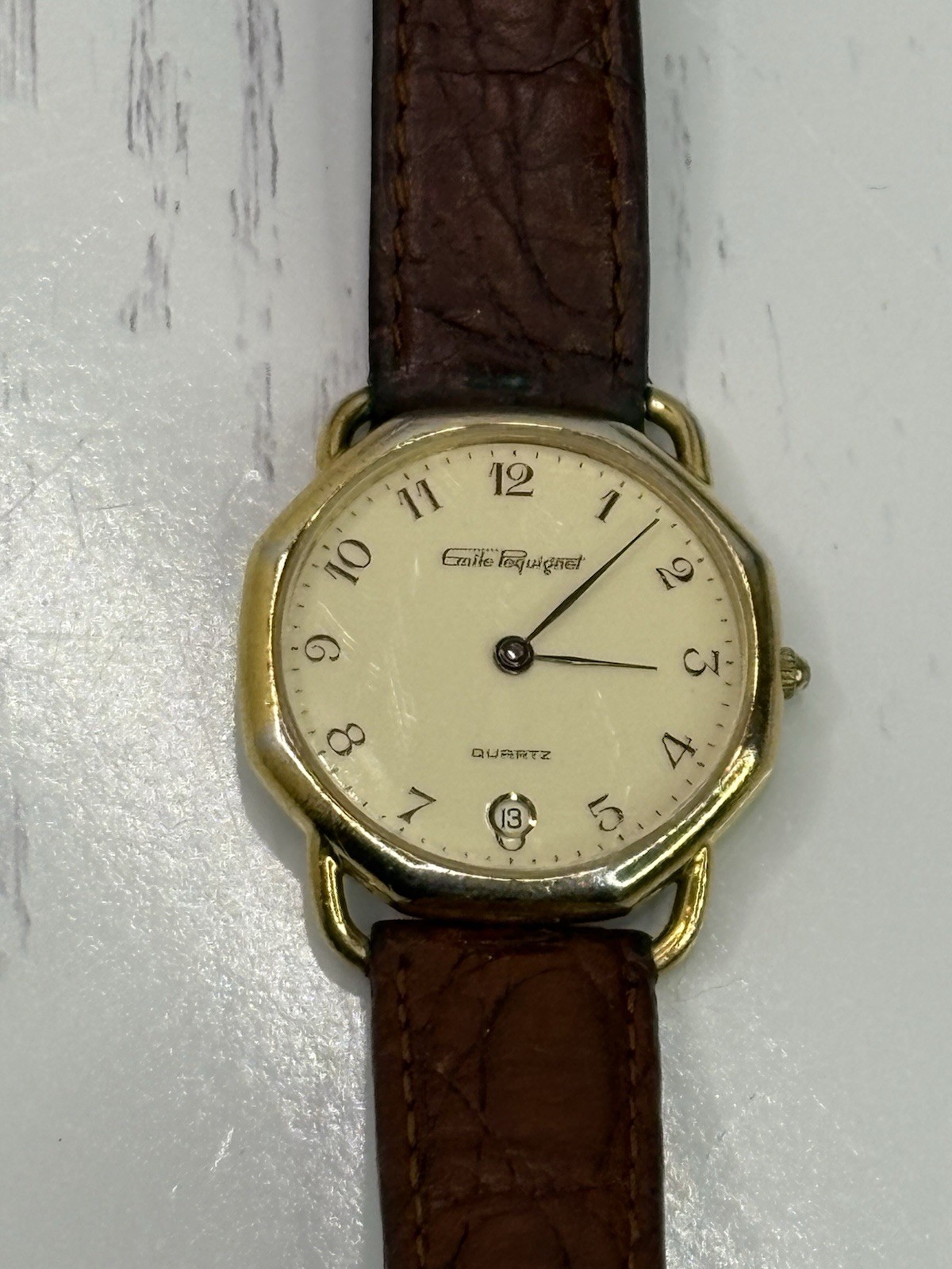 VINTAGE WOMEN WRIST WATCH QUARTZ Emile Pequignet DATE Leather Strap Rome