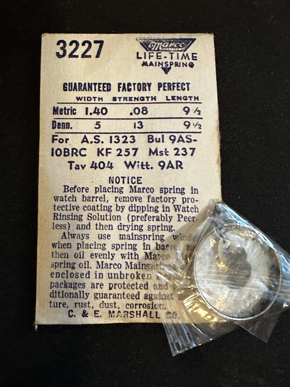 Marco Mainspring #3227 for AS 1323, Bulova 9AS, 10BRC, Kurth 257, 258, Tavannes