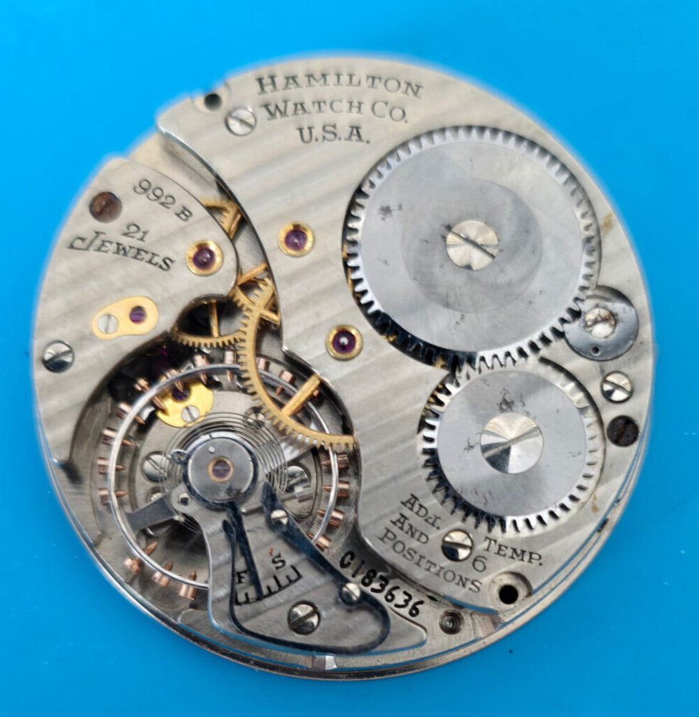 CLEAN VINTAGE 16 SIZE HAMILTON GRADE 992B MODEL 5 POCKET WATCH MOVEMENT PARTS